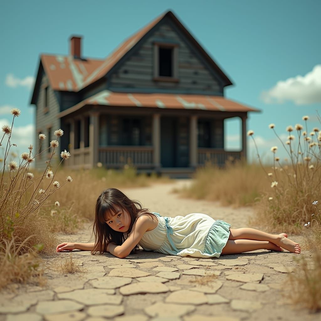 Girl Helpless on Cracked Earth in Haunting Realism
