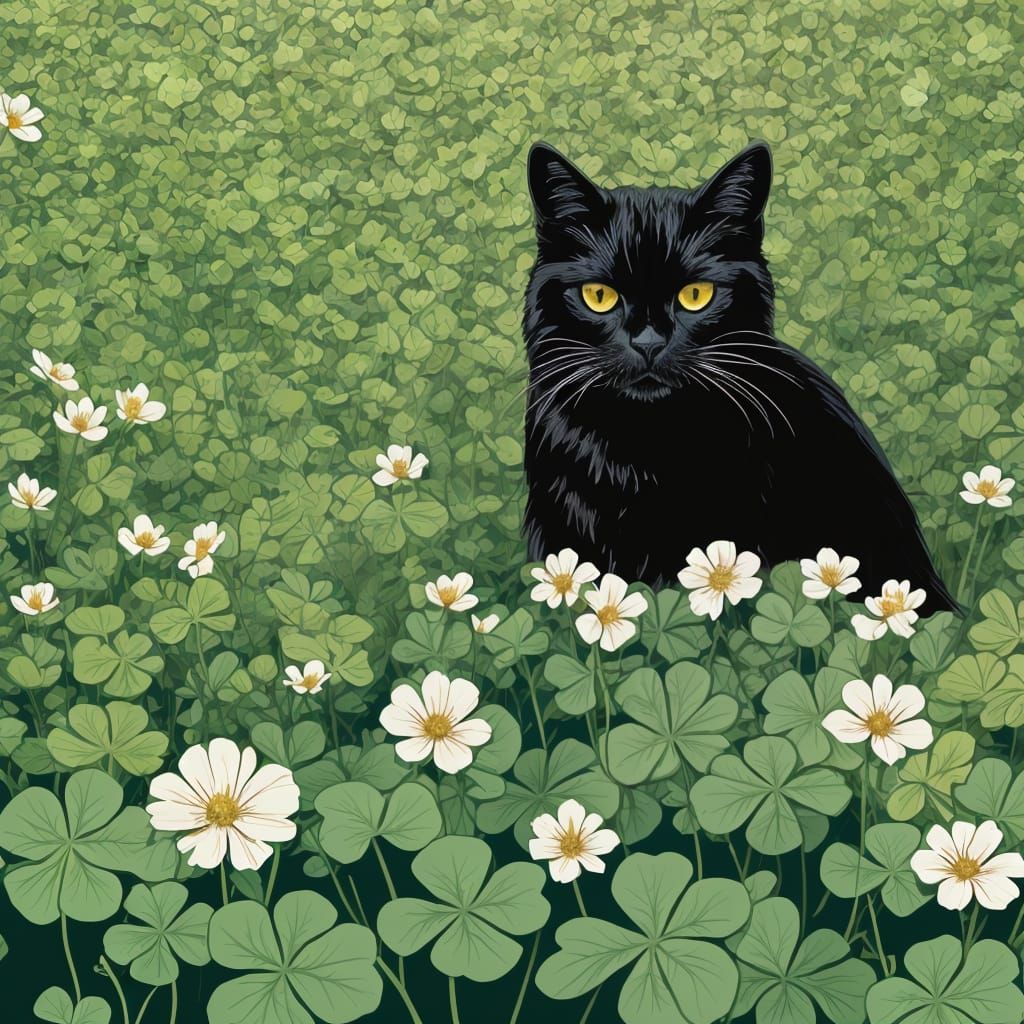 Black Cat Enjoys Lucky Clover Field