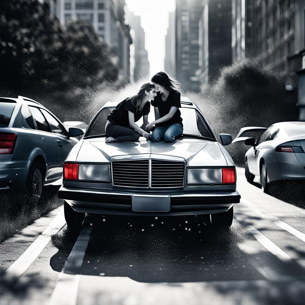 Happy Lesbian Couple's Road Trip: B&W Automotive Photo