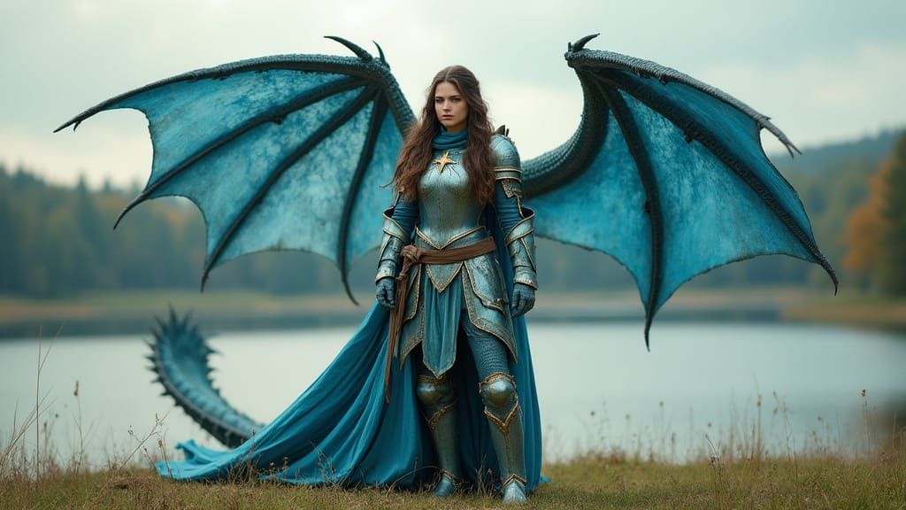 Mystical Dragon Transformation in Vibrant Blue Gold Armour