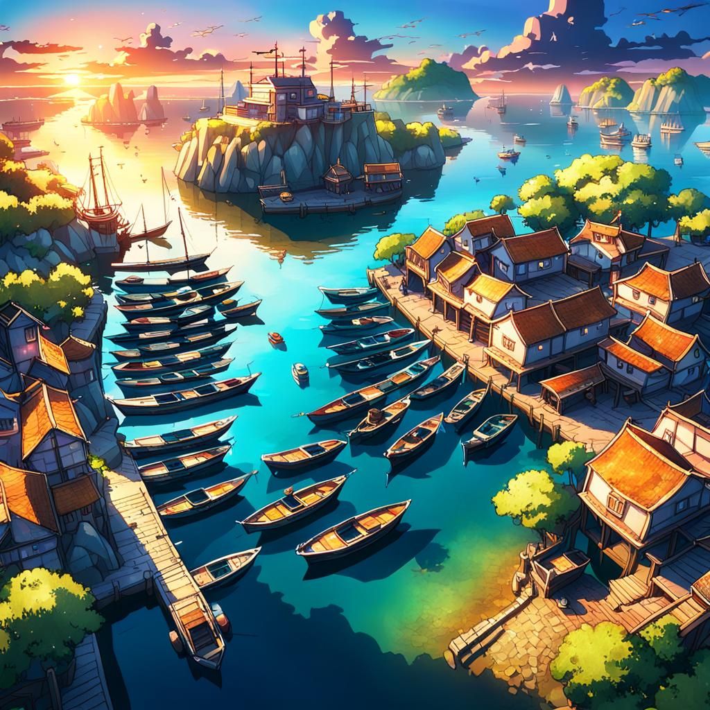 Anime Sunset Over Fantasy Harbor With Boats