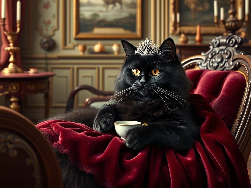 Victorian Persian Cat Portrait with Diamond Tiara