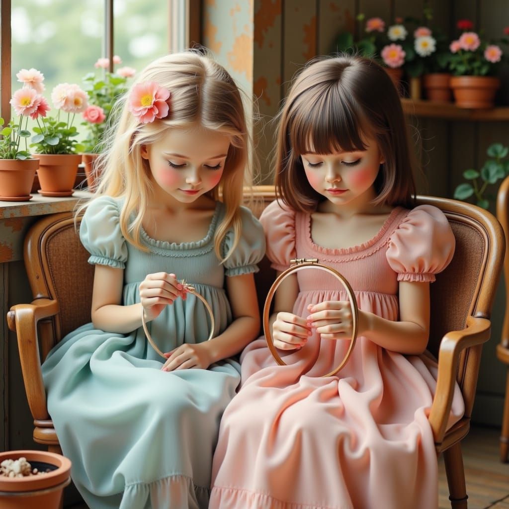 Two Women Embroidering in a Birch Room