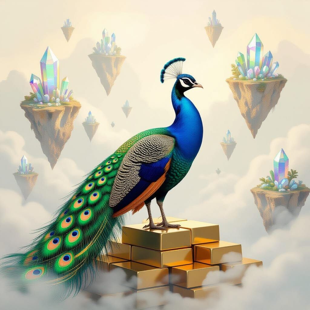Peacock on Gold in Surreal Dreamscape