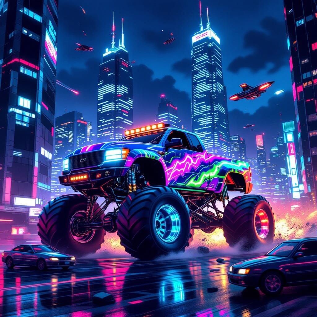 Monster Truck Crushes Cars in Neon Futuristic City