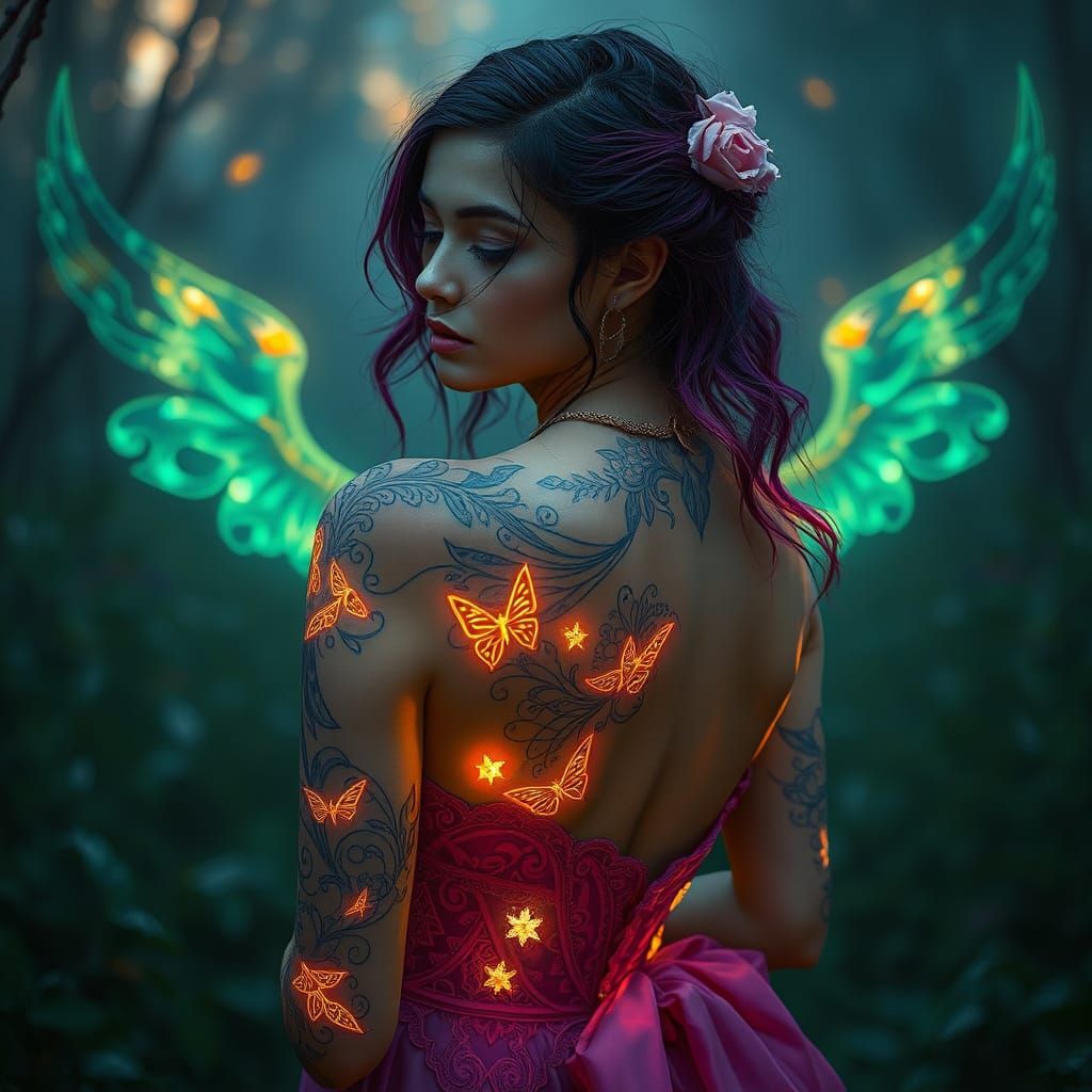 Woman with Glowing Magical Tattoos in Ethereal Style