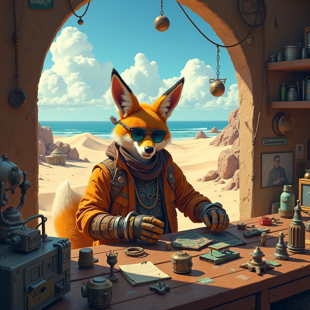Steampunk Fox-Man Tinkerer in Desert Workshop