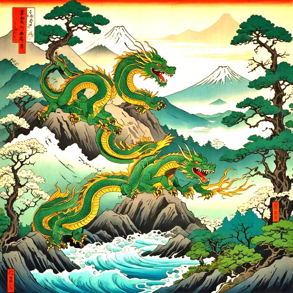 Japanese Dragons Encircling Mt. Fuji in Ukiyo-e Style