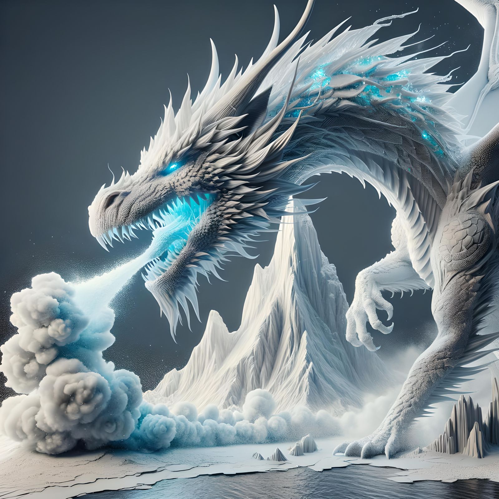 Realistic White Dragon in Frosty Landscape
