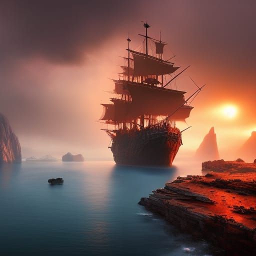Epic Pirate Ship in Dark Fantasy Bay