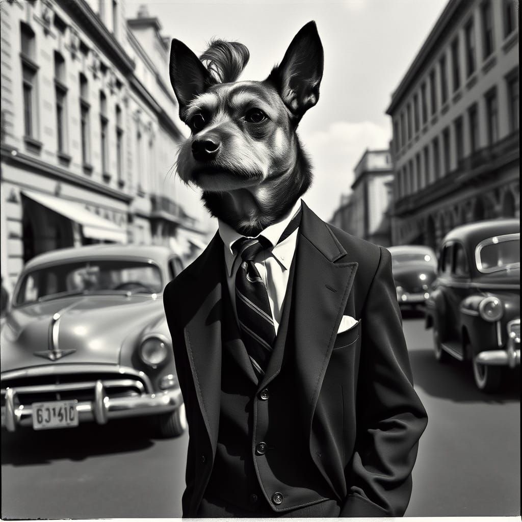 Dog-Man in 1950s Fashion: Vintage Black and White Photo