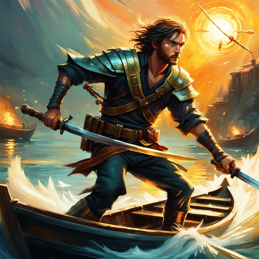 Adventurous Kevin on Thrilling Boat Ride: Oil Painting