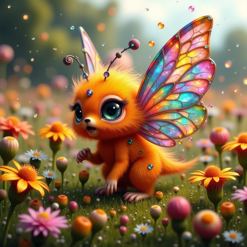 Whimsical Fairy Punk Creature Flies Amidst Vibrant Zinnias