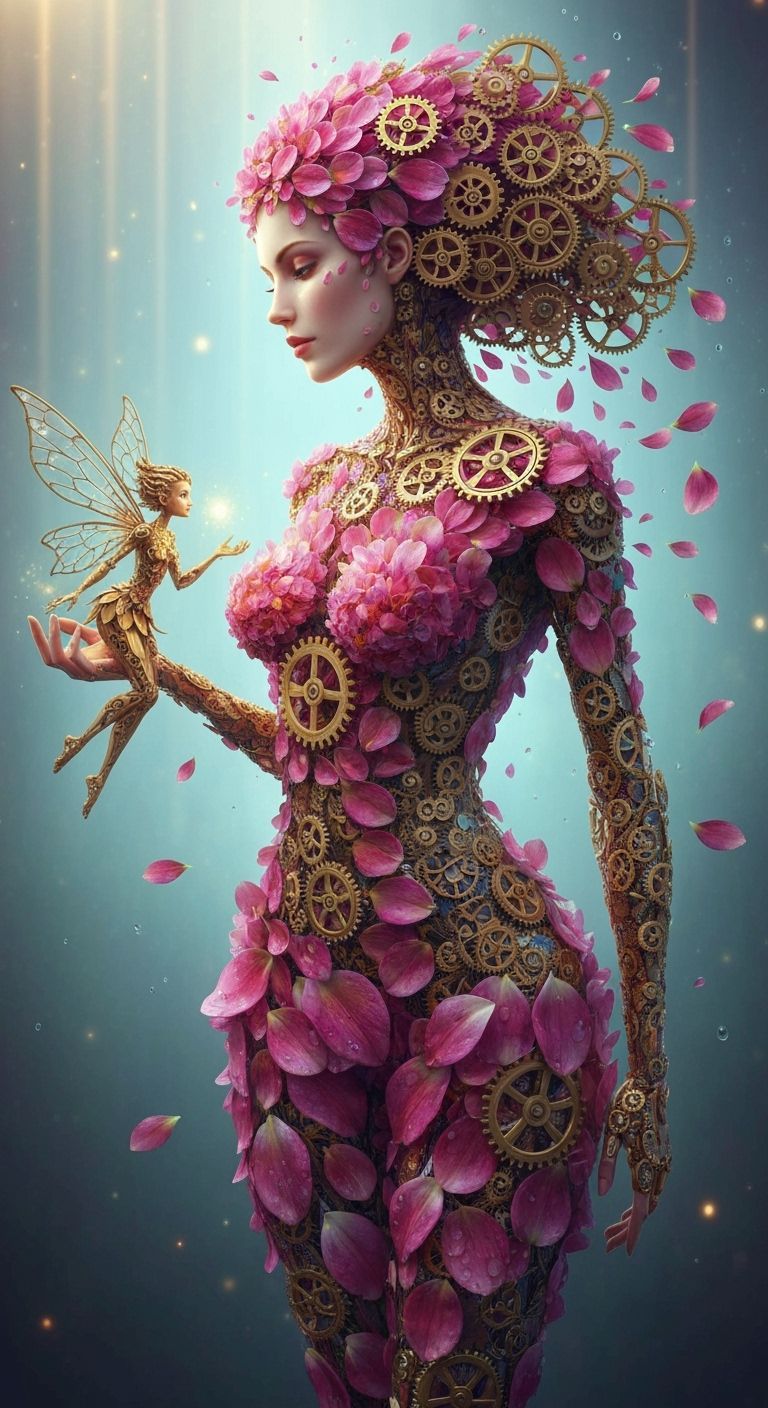 Floral and Gear Woman with Fairy, Fantastical Digital Art