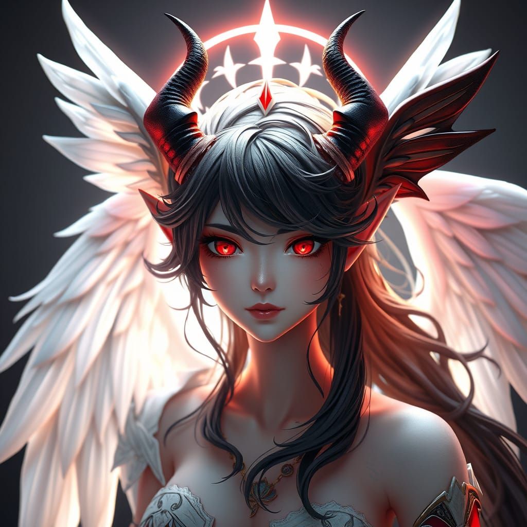 Ethereal Goddess with White and Black Wings, Devil Horns and...