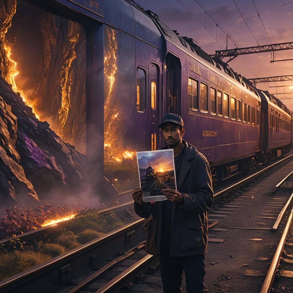 Man Watches Train Disappear at Sunset