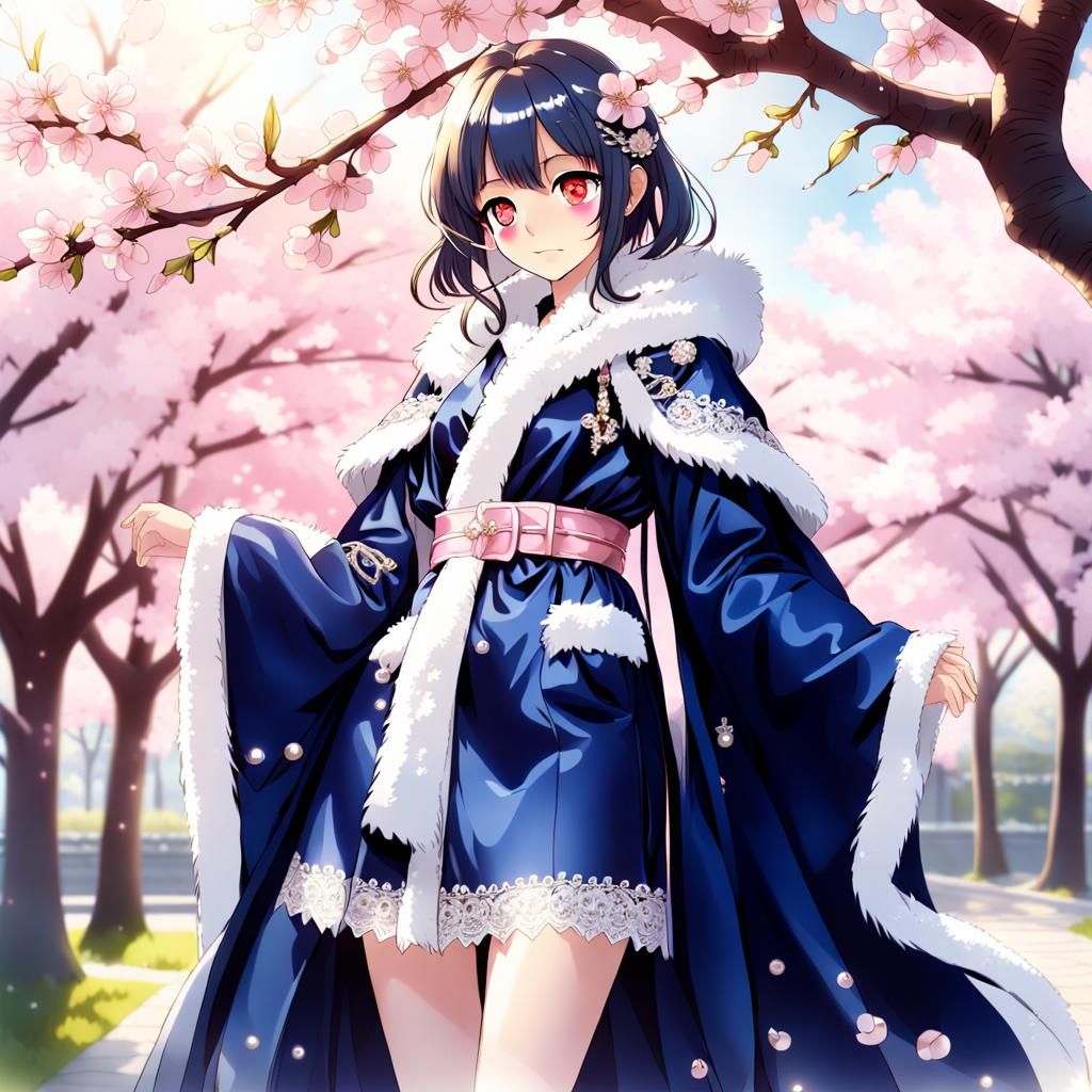 Anime Woman in Fur Cloak under Cherry Blossoms