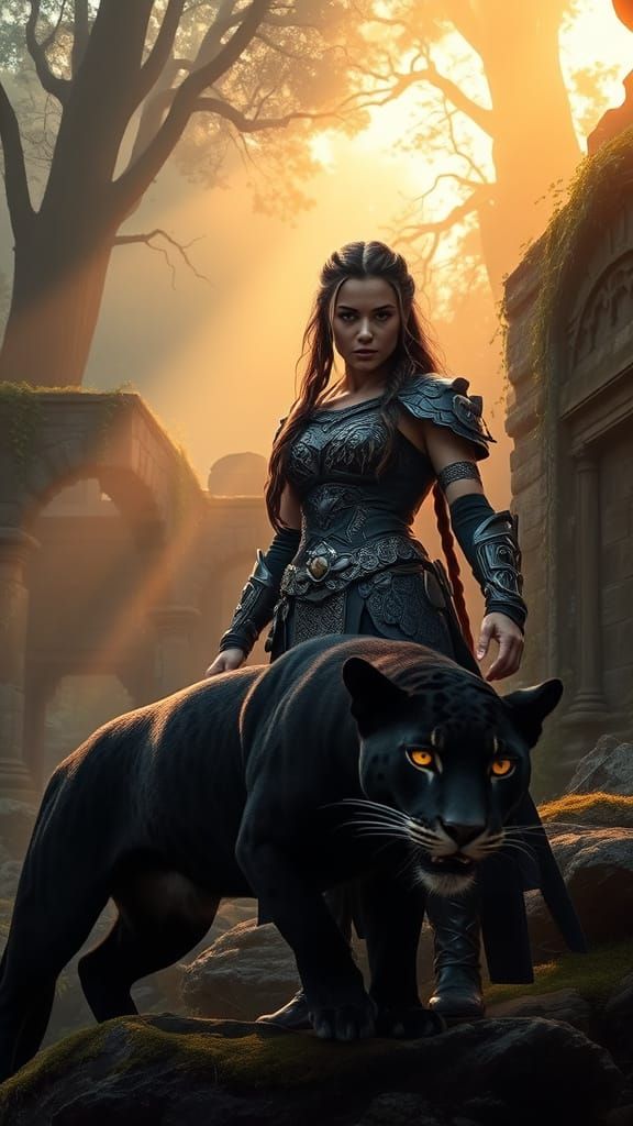 Warrior and Leopard in Mystical Forest