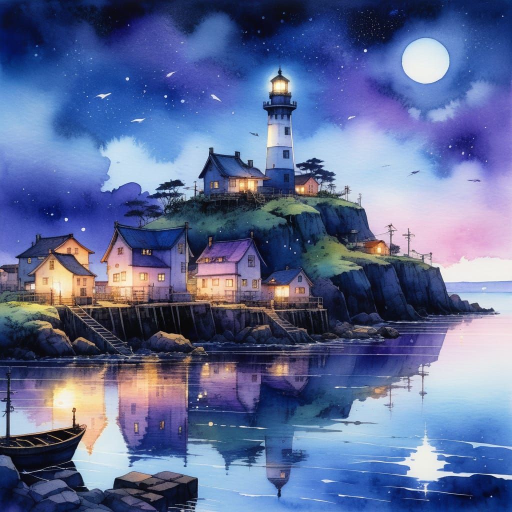 Solarpunk Lighthouse Watercolor Painting in Manga Style