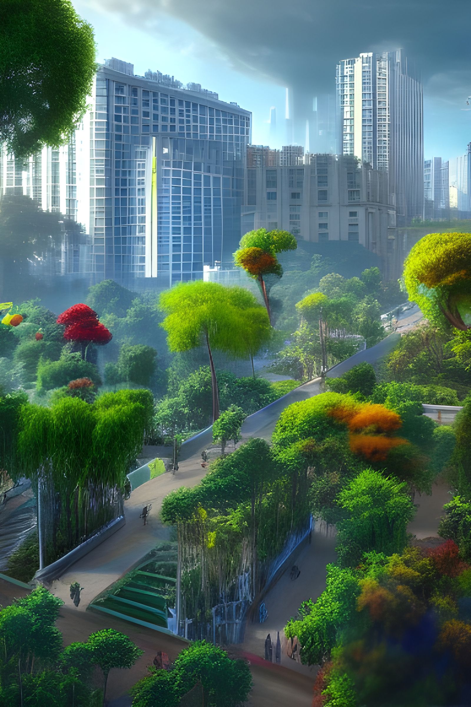 Overgrown City of Trees in Vibrant Colors
