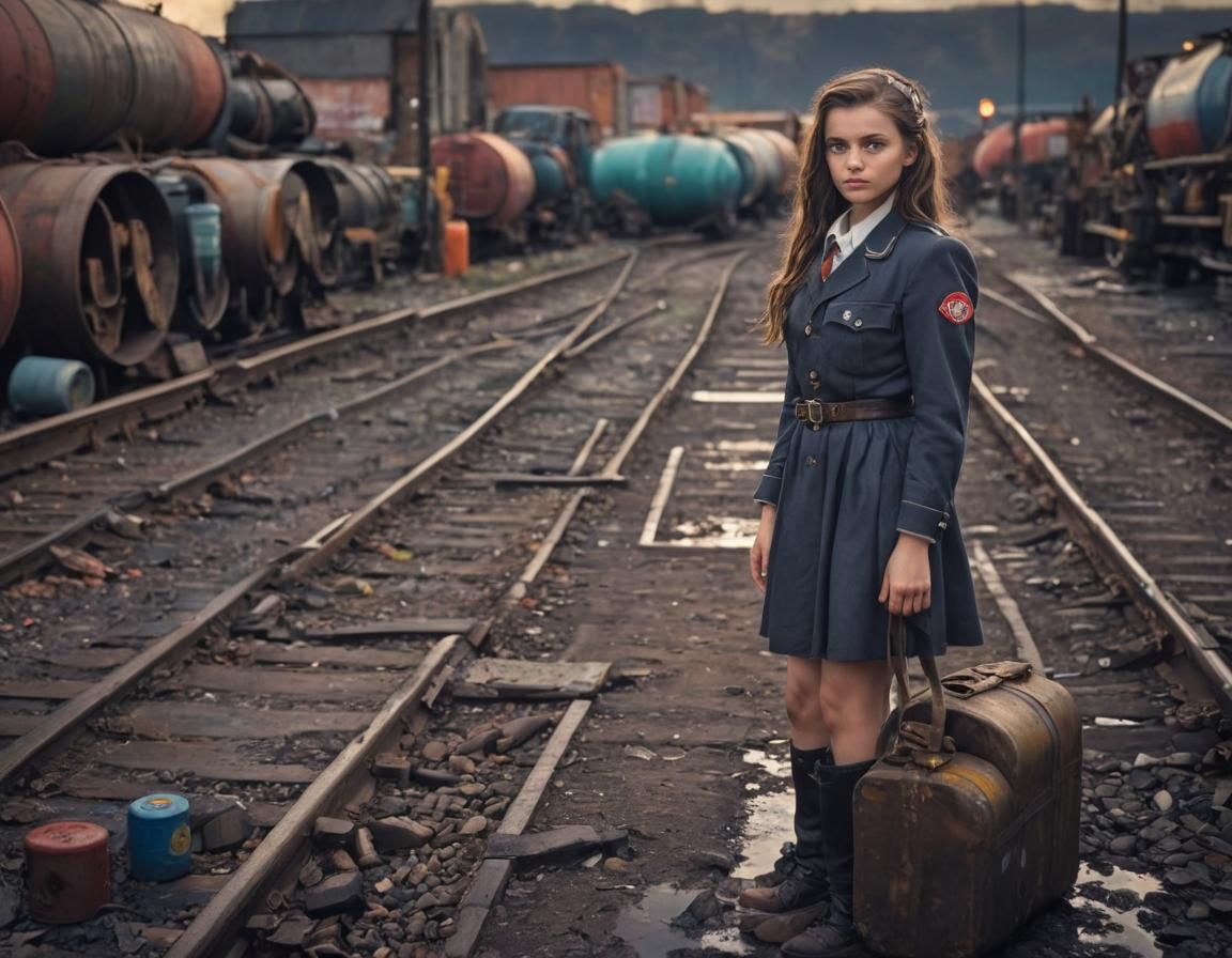 Dieselpunk Girl in Industrial Sunset Landscape