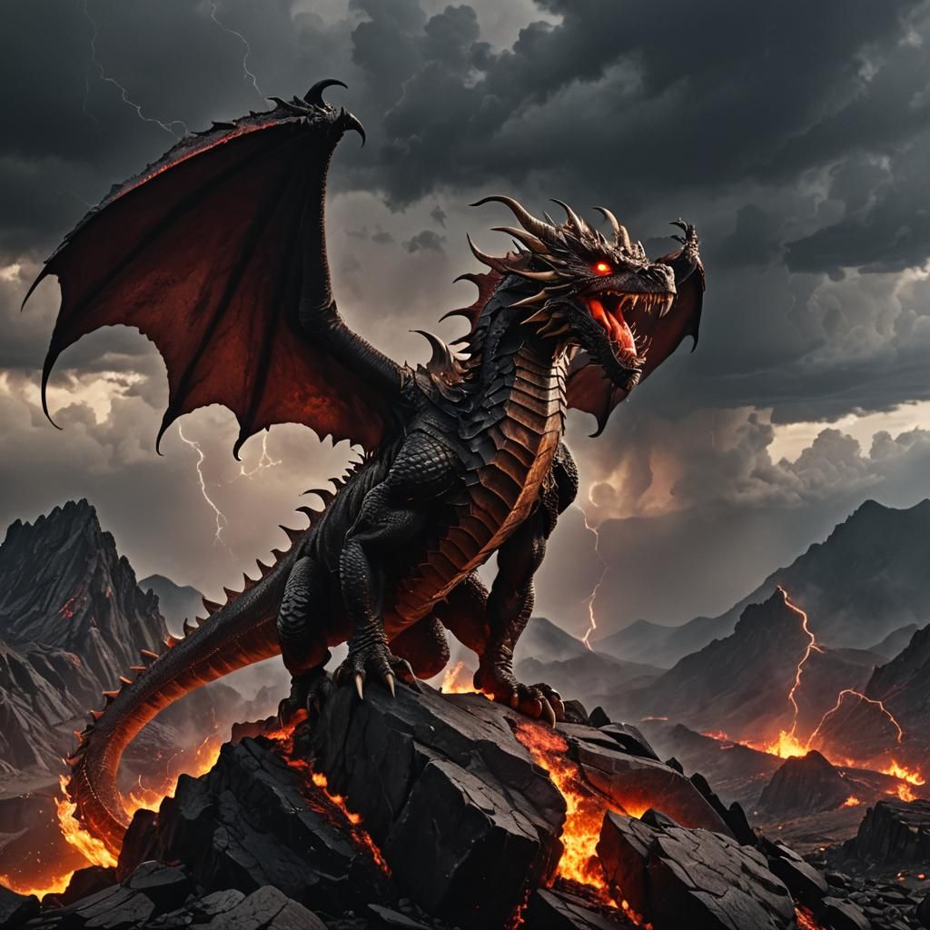 A powerful dragon perched on a rocky mountain peak, its massive wings spread wide. The dragon's scales shimmer in shades...