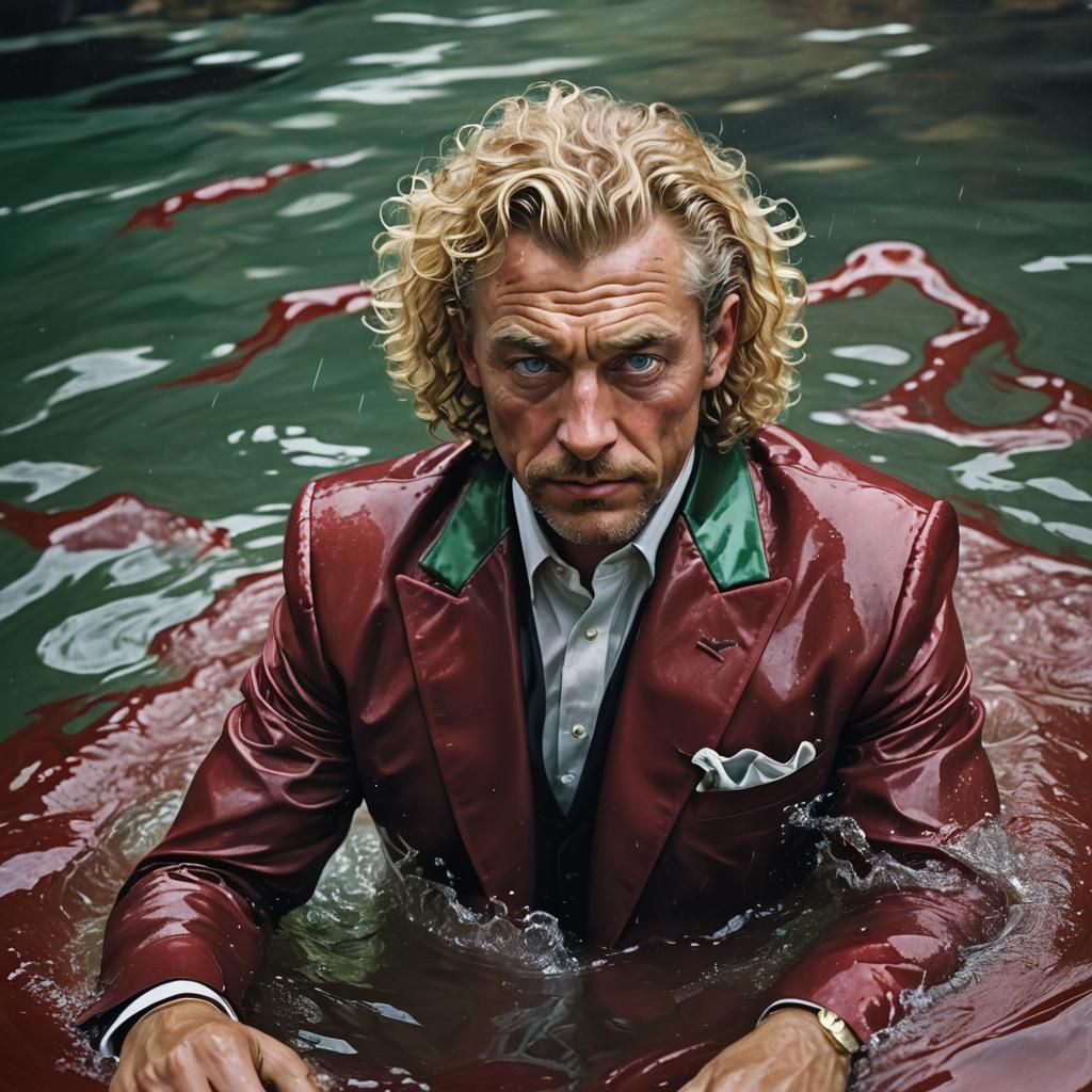 Rugged Gentleman Submerged in Dark Crimson Liquid, Red Suit...
