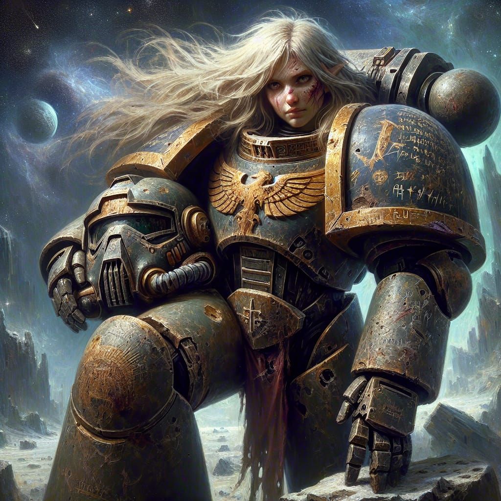 Space Elf Space Marine with Warhammer in Digital Painting St...