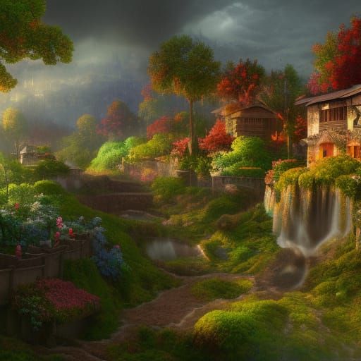 Blooming Village: Detailed Matte Painting in Forest