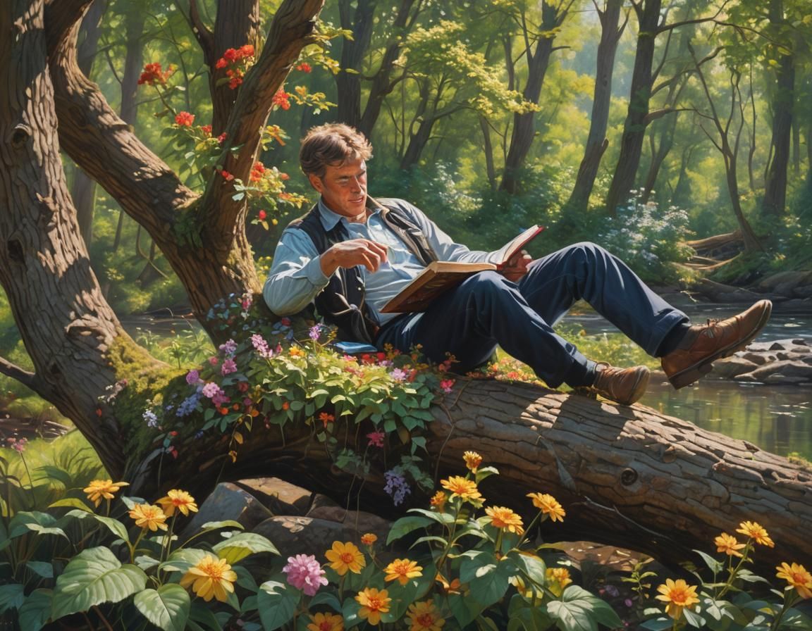 Man Reading in Forest, Hyperrealistic Oil Painting