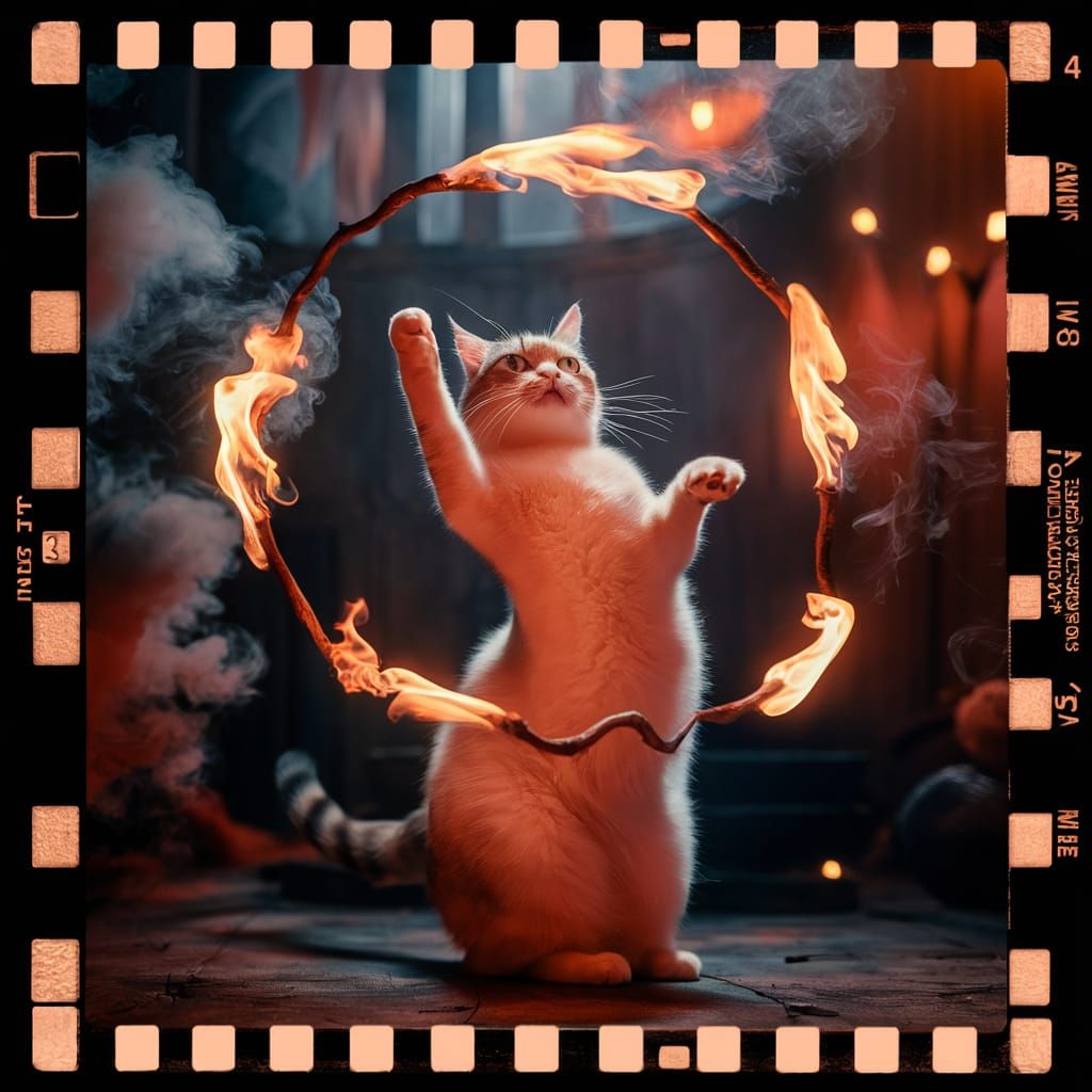 Cinematic Cat Juggler in Dramatic Film Still