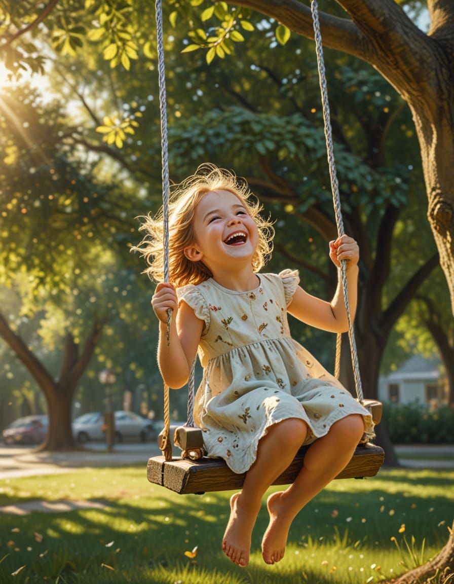 Joyful Girl Laughing on a Tree Swing in Golden Hour