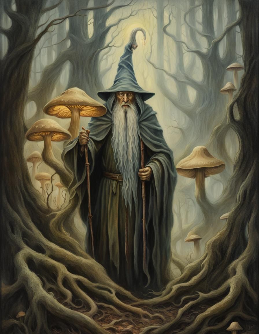 Mystical Wizard in Misty Forest: Fantasy Oil Painting