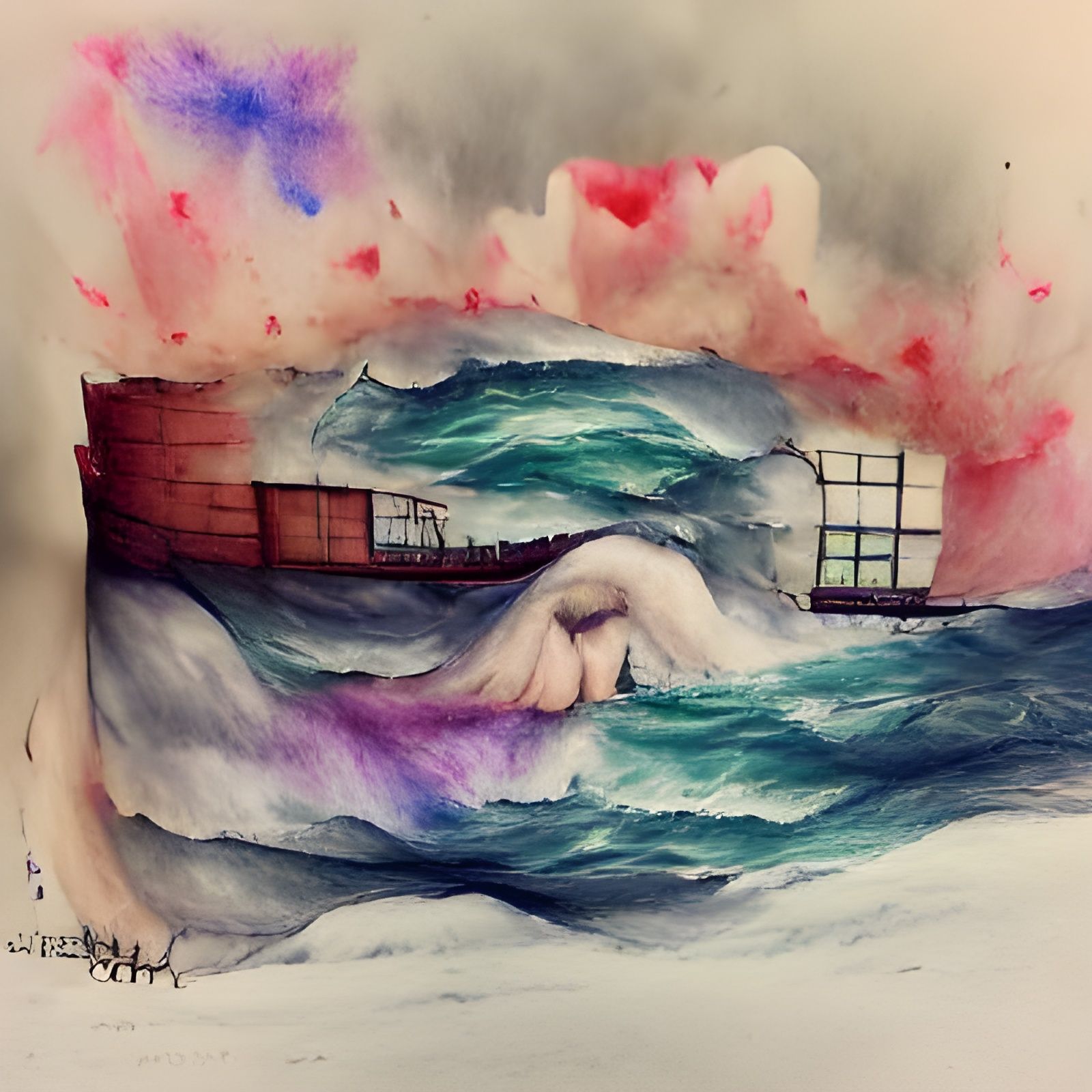 Majestic Ship Navigating Stormy Seas: Watercolor Sketch