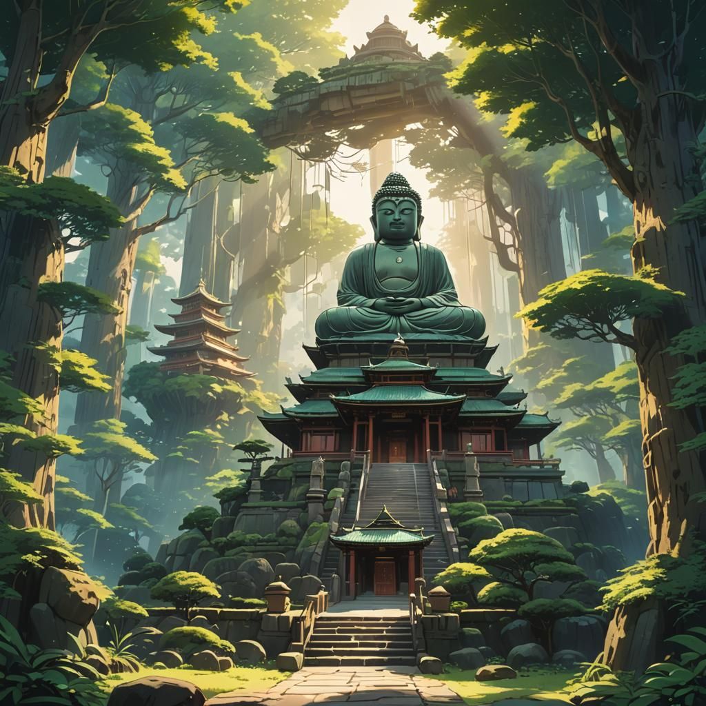 Serene Buddha Temple in Anime Key Visual Style