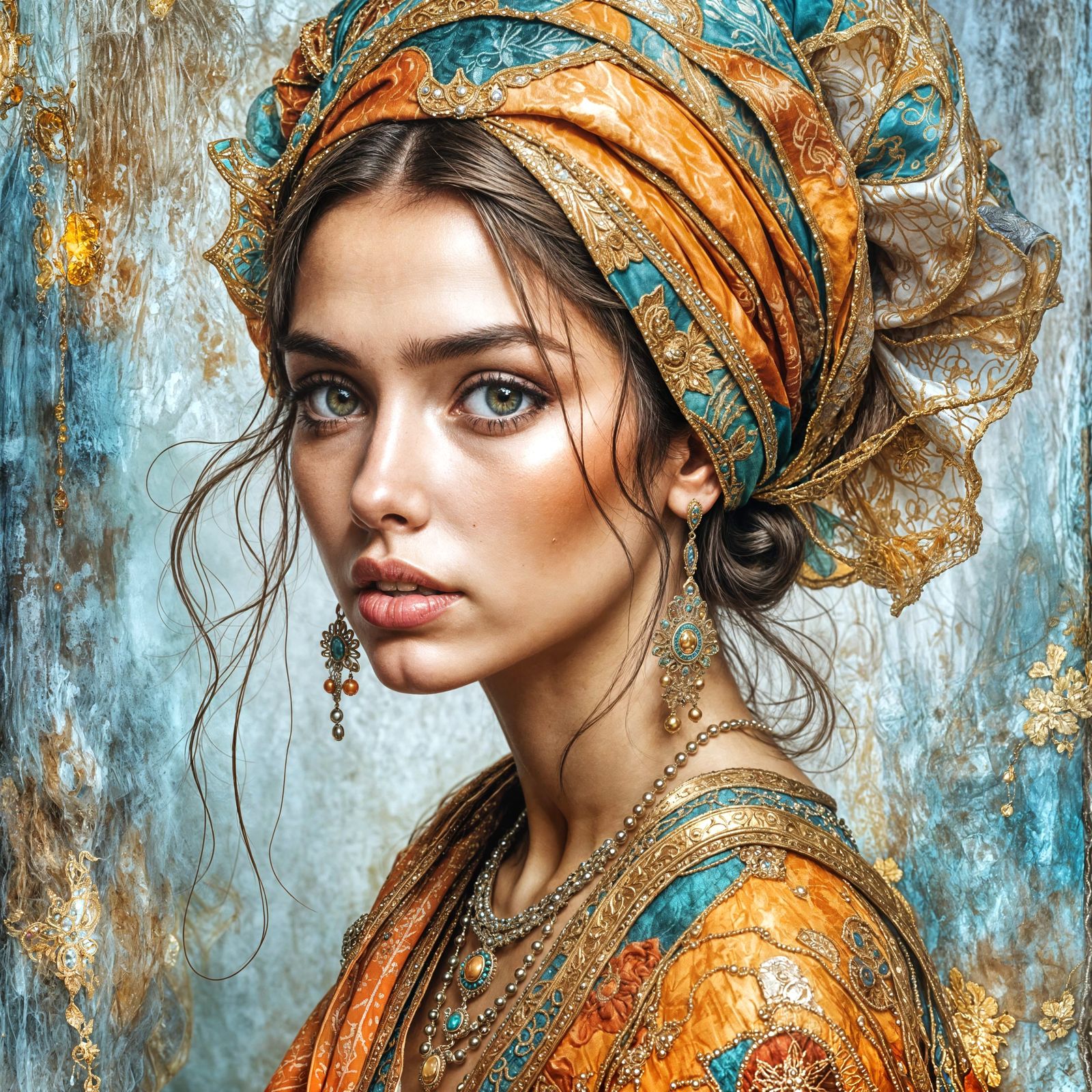 Ornate Portrait of Young Woman with Headwrap as Mixed Media