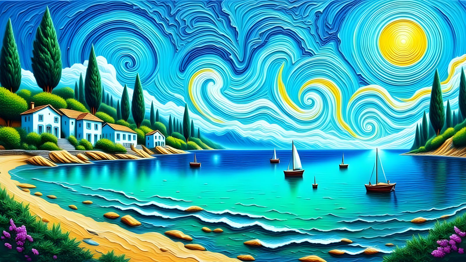 Luxury Sailboat on Turquoise Ocean in Van Gogh Style