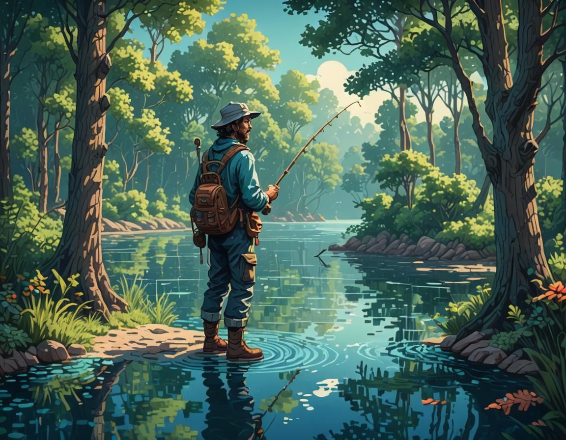 Pixel Art Fisherman in Tranquil Landscape