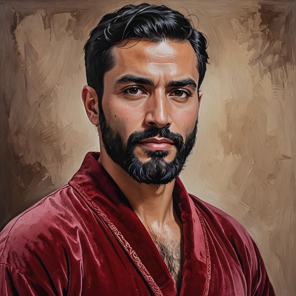 Handsome Man in Red Velvet Bathrobe, Impressionist Oil Paint...