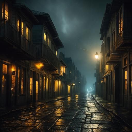 Medieval Street at Night: Romantic Oil Painting
