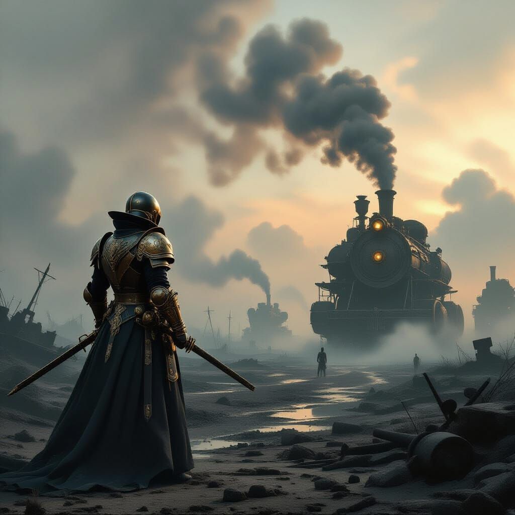 Steampunk Soldier Guards Desolate Battlefield in Smog