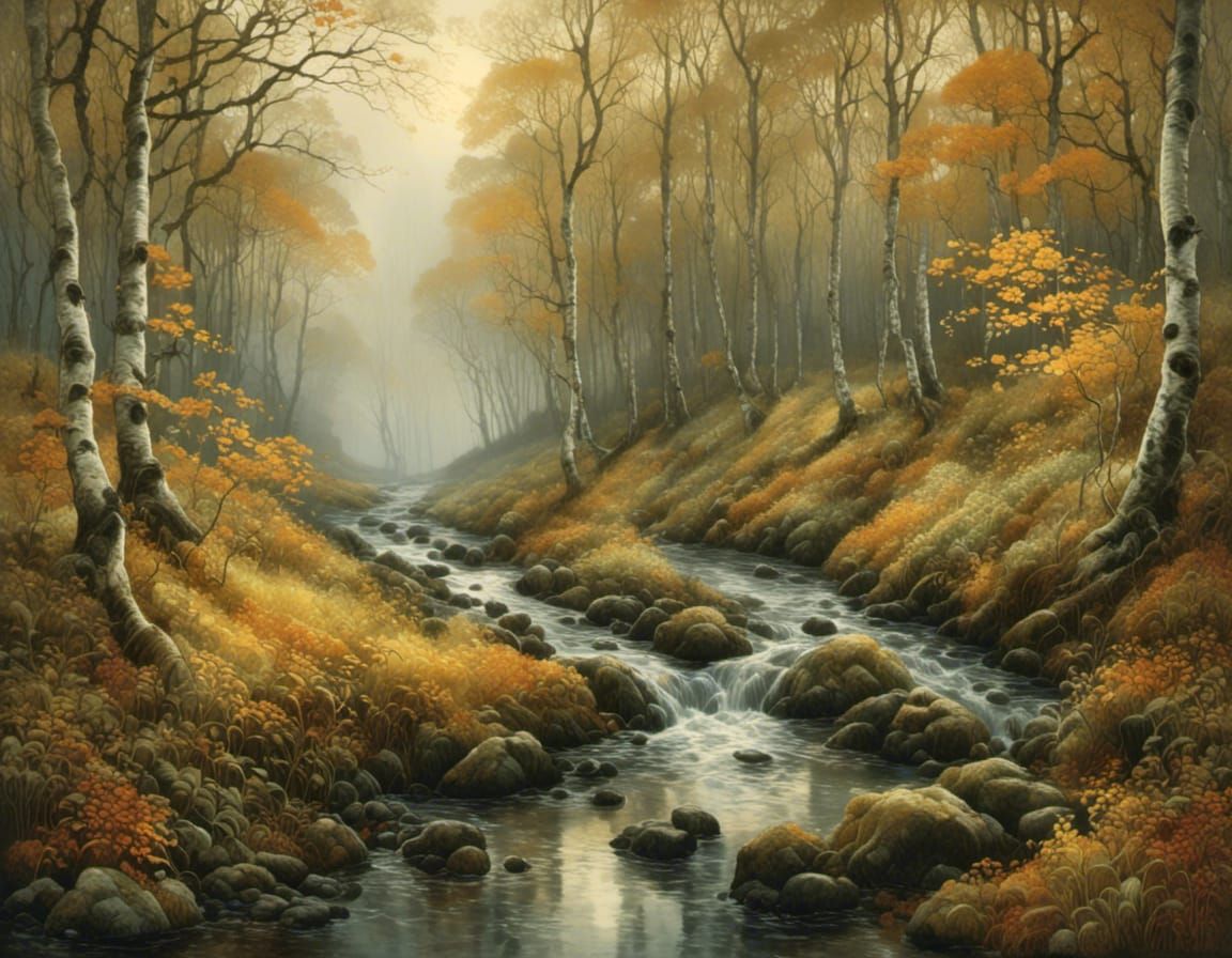 Autumnal Stream in Birch Forest, Impressionistic Style