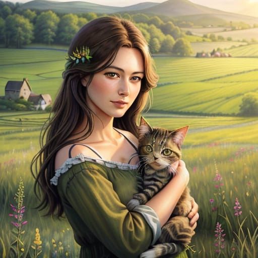 Girl and Kitten in Meadow: Realistic Oil Painting