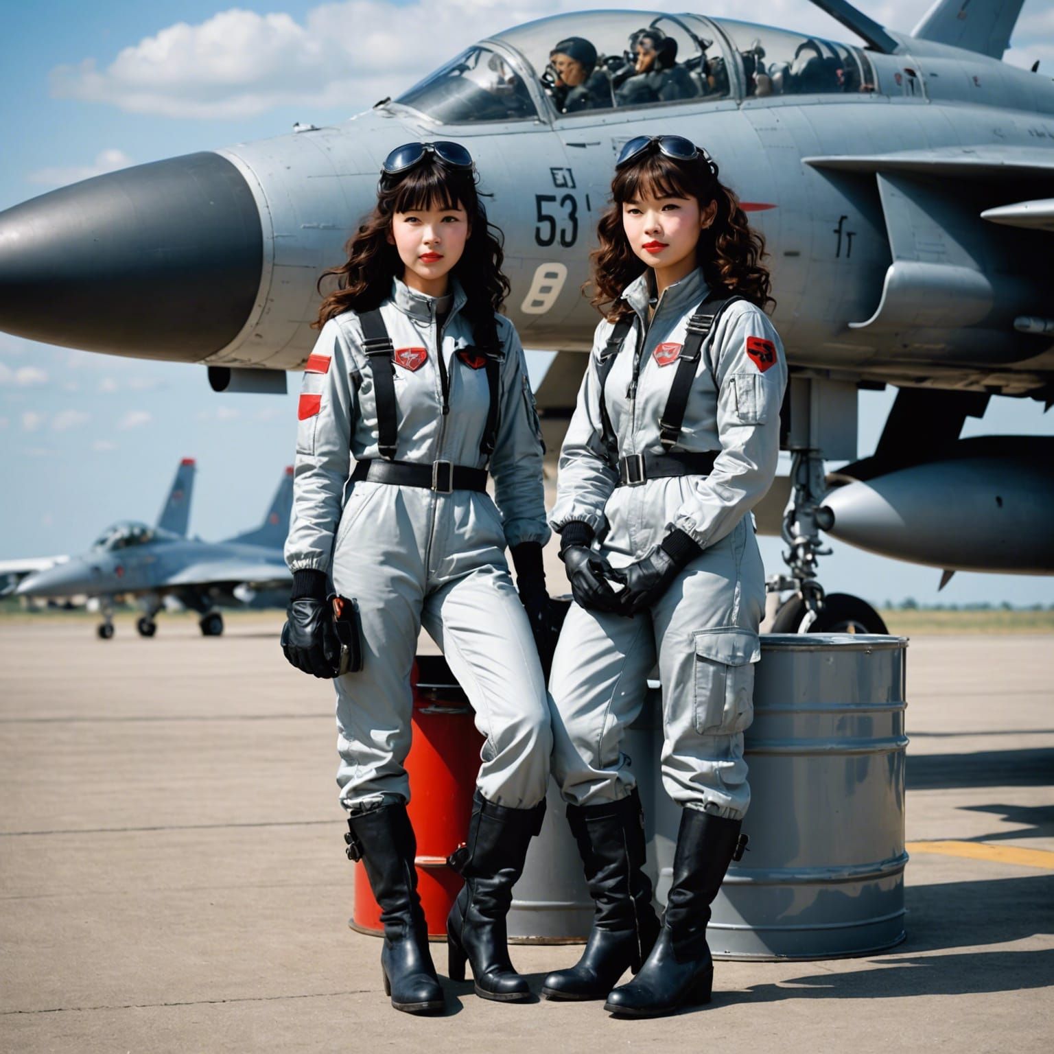 Japanese Aviatrix with F-16 on Airfield