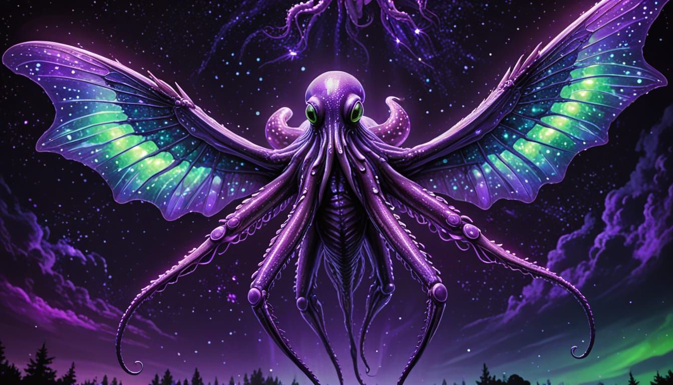 Surreal Alien Creature with Glowing Wings
