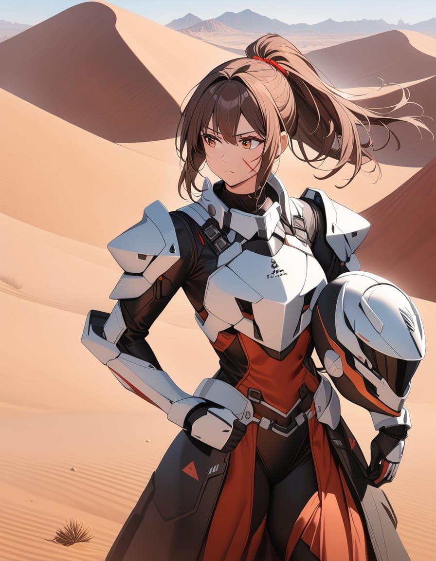 Mysterious Female Warrior in Futuristic Armor