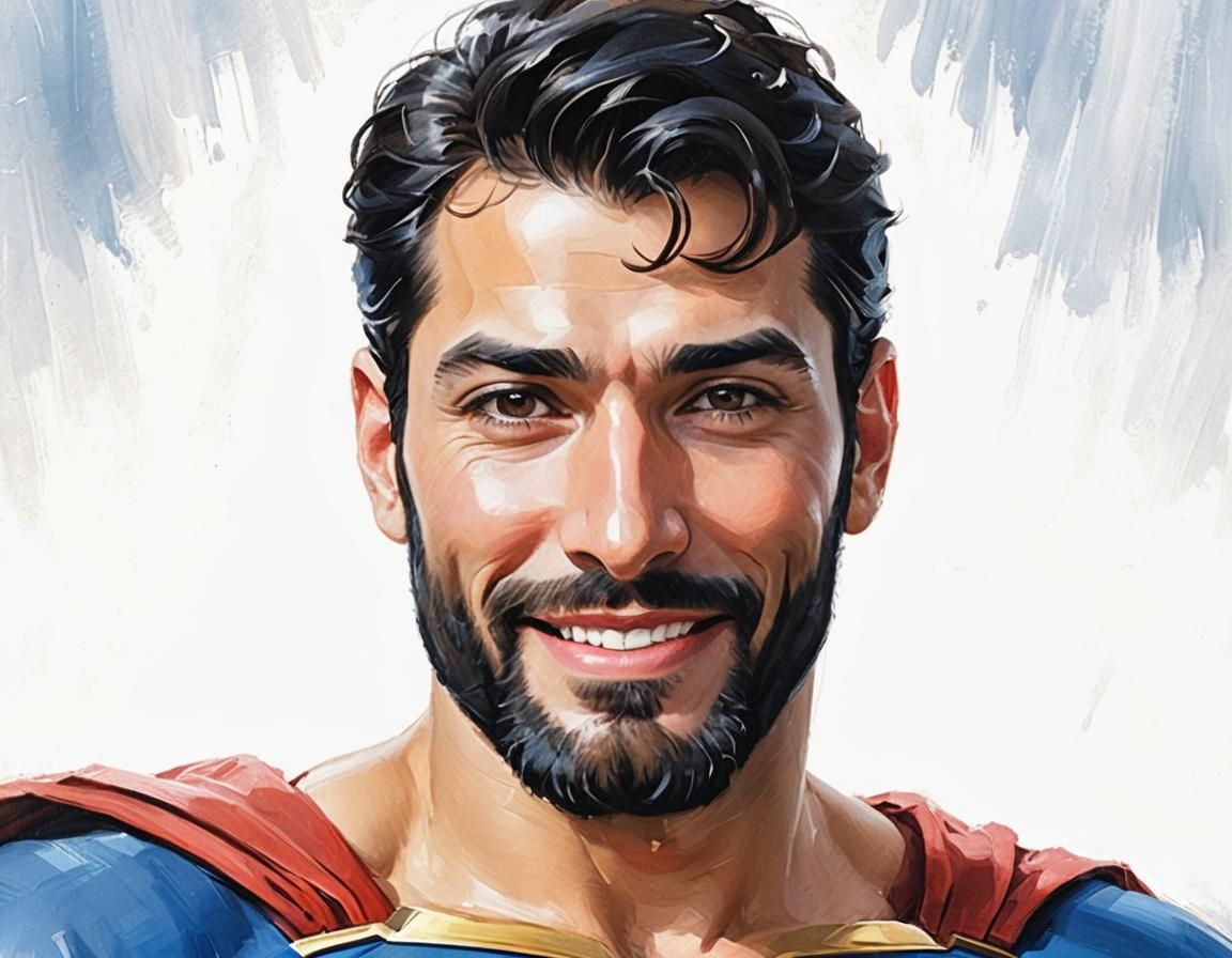 Smiling Superman Portrait in Impressionist Oil Painting Styl...