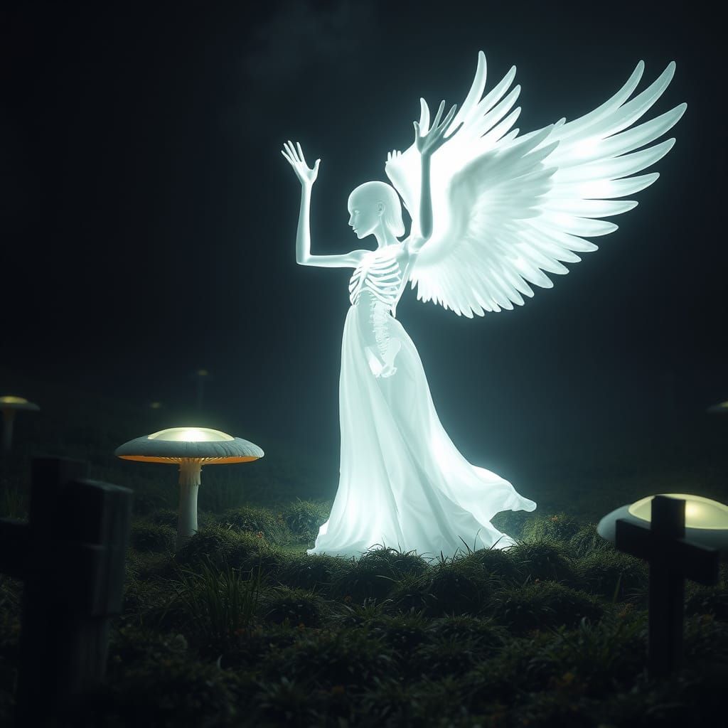 Ethereal Angel Rises from Mystical Mushroom Circle in a Haun...