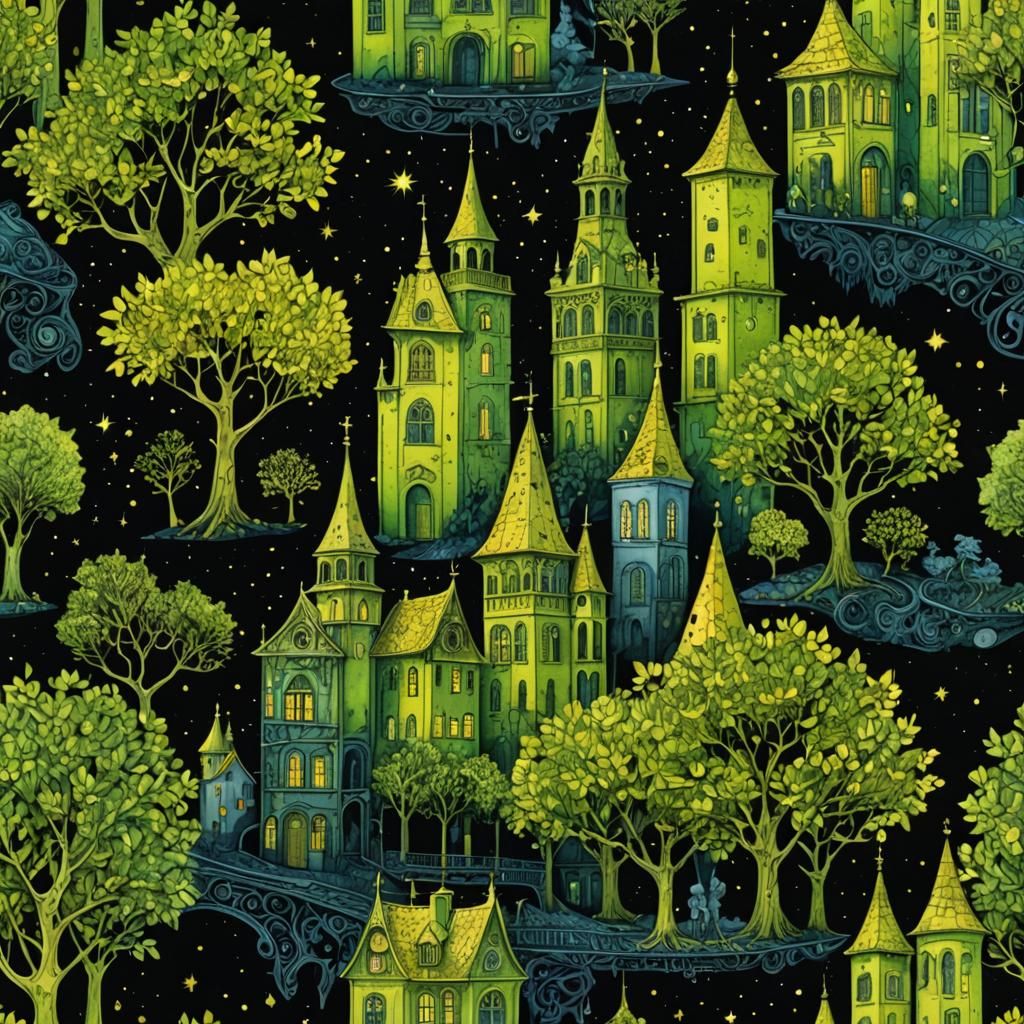 Festive City with Steampunk-Style Trees in Watercolor