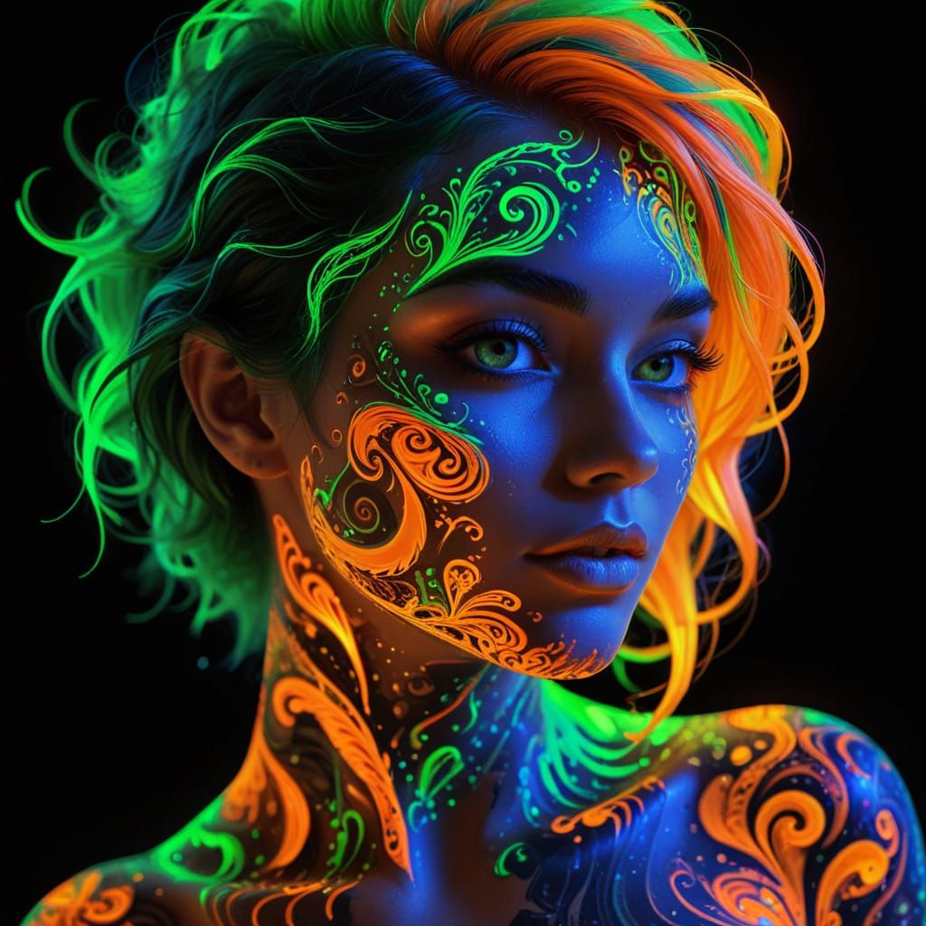 Woman with Neon Body Paint and Glowing Swirls